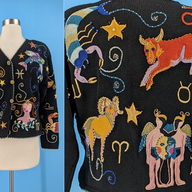 Vintage Belle Point Medium Zodiac Cardigan Sweater - Vintage Appliqué Beaded Embellished Horoscope Cardigan 