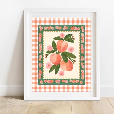 Peaches With Floral and Gingham Borders 8 X 10 Art Print/ Fruit And Flowers Illustration/ Farmers Market Kitchen Decor/ Farmhouse Wall Art 