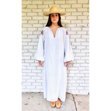 Romanian 70s Dress // vintage Hungarian needlepoint hand embroidered floral 1970s boho hippie hippy off white linen maxi // O/S 