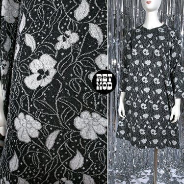 Plus Size Vintage 60s 70s Black & Silver Lurex Floral Mod Tent Dress 