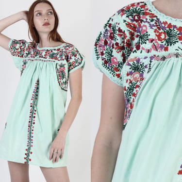 Mint Green Cotton Mexican Dress / Embroidered Traditional Ethnic Dress / Made In Oaxaca Mexico Mini Dress 