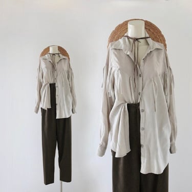 fringe button top - m - vintage 90s y2k taupe tan brown beige long sleeve size medium womens blouse shirt tassel 