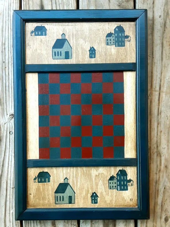 Vintage Hand Painted Checker Board Wall Decor - Primitive Folk Art