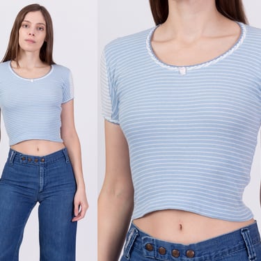70s Blue & White Striped Girly Crop Top - XXS | Vintage Scoop Neck Cropped Fitted Knit Tee 