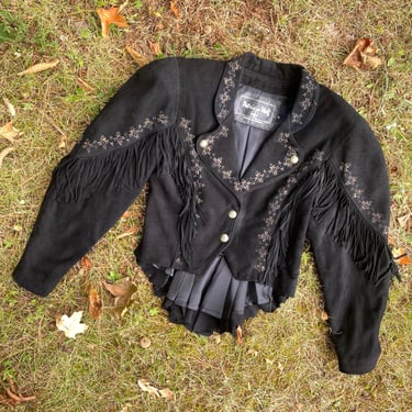 80s PATRICIA WOLF black suede fringe jacket 6 /  vintage 1980s Southwest Santa Fe rock star jacket m 