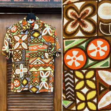 Vintage Hawaiian Shirt, Tiki Design, Cotton Barkcloth, Size Small
