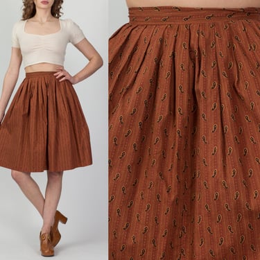 60s Burnt Orange Paisley Print Skirt - Extra Small, 24" | Vintage Boho Pleated Knee Length Skirt 