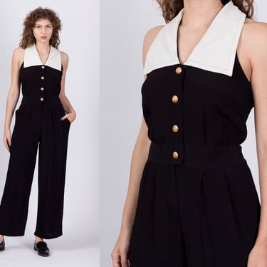 80s 90s Black & White Jumpsuit - Medium | Vintage Two Tone Button Up Sleeveless Collared Pantsuit 
