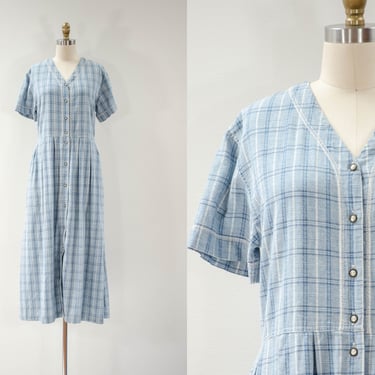 cute cottagecore dress | 80s 90s vintage blue white plaid cotton button down oversized midi dress 