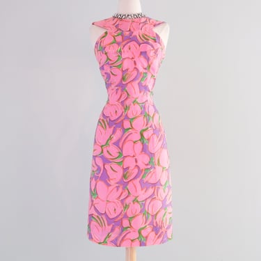 Fabulous 1960's Blush Pink Abstract Floral Party Dress / Sz S/M