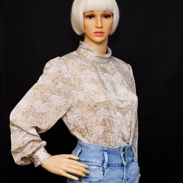 Vintage 1980s Ivory Abstract Animal Print Blouse | Medium | i-11 
