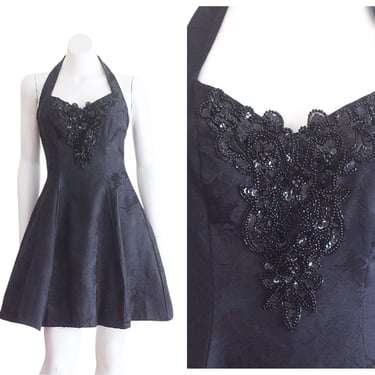 1990s black fit and flare halter neck prom dress 