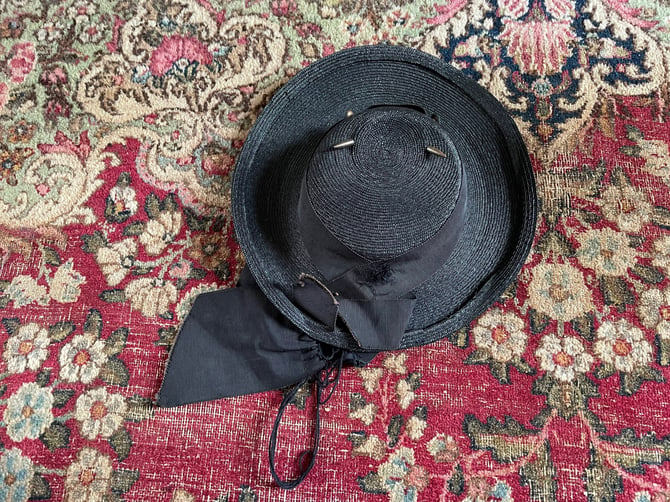 Antique early 20th century children’s hat, black woven straw hat with grosgrain ribbon | Edwardian era girl’s hat, ladies tilt hat, topper 