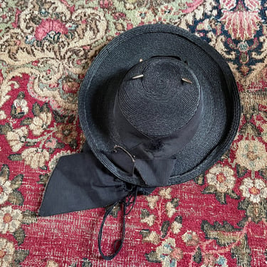 Antique early 20th century children’s hat, black woven straw hat with grosgrain ribbon | Edwardian era girl’s hat, ladies tilt hat, topper 