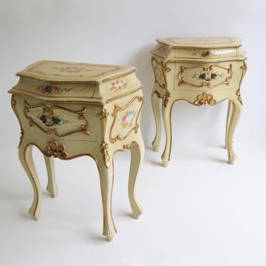 Pair Vintage Italian Bombé Rococo Nightstands Hand Painted Floral Cream Gold Louis XV Style Bedside Tables 