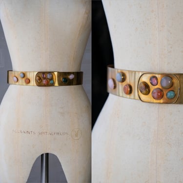 Vintage 80s CELIA SEBIRI Brass Plated Handmade Semi Precious Stone Encrusted Metal High Waist Belt | 1980s Designer Jeweled Womens Belt 