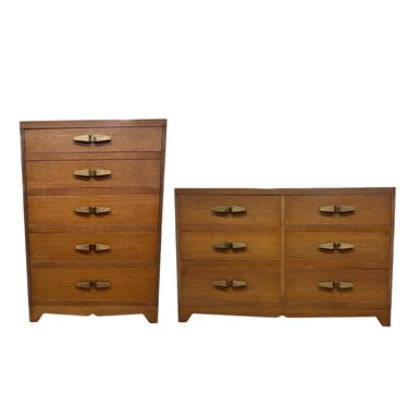 Free Shipping within continental US - Vintage Art Deco 5-drawer and 6-drawer Dresser Set with Mid Century Design Elements and Original Brass 