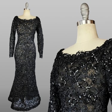 Oscar de la Renta Dress / 1980s Sequined Gown / Black Sequined Gown / Black Lurex Party Dress / Black Lace Dress / Size Medium Large 