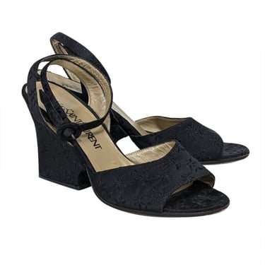 Yves Saint Laurent - Black Embroidered Open Toe Wedges Sz 7.5