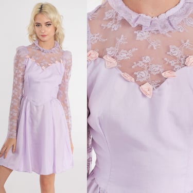 70s Party Dress Lavender Purple Lace Mini Sweetheart Illusion Neckline 1970s Boho High Waisted Long Puff Sleeve Vintage Extra Small xs 