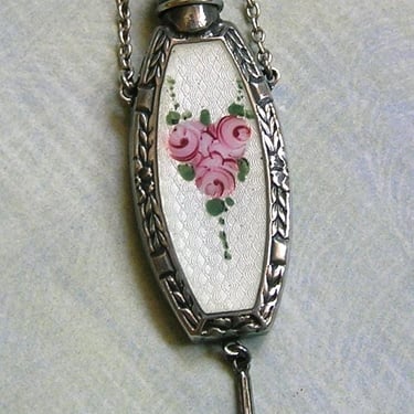 Antique Sterling and Enamel Perfume Holder, Antique Art Deco Sterling Perfume Bottle, Antique Hanging Perfume Holder Necklace (#4612) 
