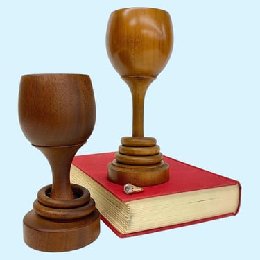 Vintage Wedding Goblets Retro 1960s Mid Century Modern + Hand Carved + Brown Wood + Set of 2 + Captive Rings + Love and Unity + Wedding Gift 