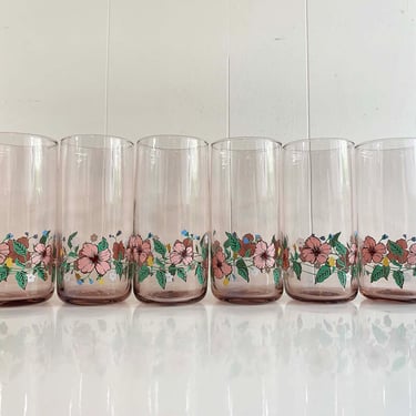 Vintage Floral Glasses Flower Glass Set of 6 Pink Green Floral Pattern 1980s 80s Bouquet Flowers Retro Home Kitchen Colorful Cottage 