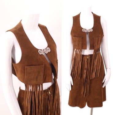 60s suede fringe outfit skirt vest M, vintage 1960s brown zipper mini skirt fringe vest top, Woodstock era festival set 28" W 
