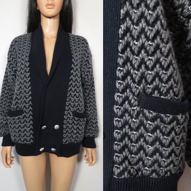 Vintage 80s Unisex Chunky Knit Cozy Black And Gray Cardigan Size Mens M 