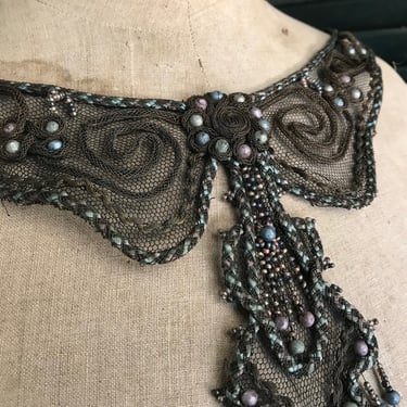 Antique Beaded Dress Appliqué, Accessory, Black tulle, Glass Beads, Restoration Project, Costume Design 