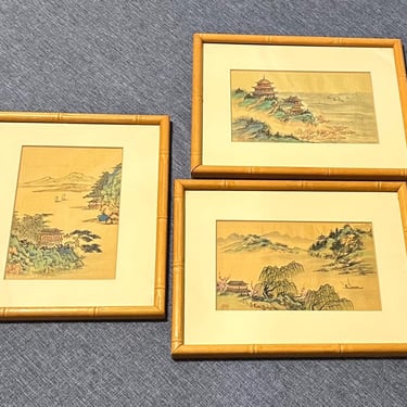 Trio Chinese School Ink on Silk Landscapes 20th Century - Framed - Free Shipping 