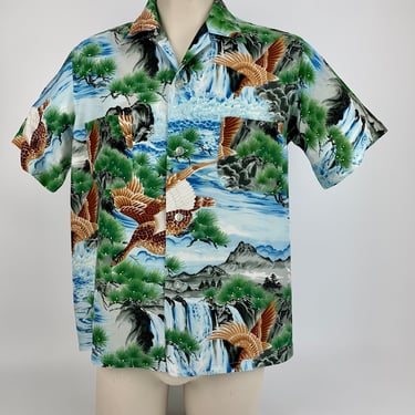 1950's Hawaiian Shirt - PENNEY'S LABEL - Rayon Hand Screen Printed Bird Print - Loop Collar - Patch Pocket - Made in Japan - Men's Medium 