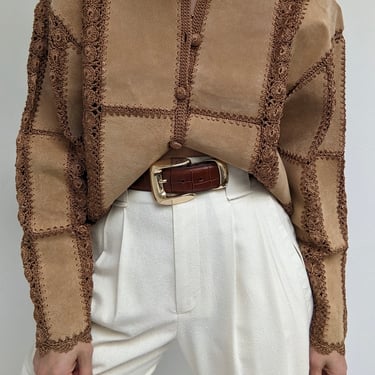 Beautiful Vintage Camel Suede & Crocheted Jacket