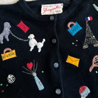 Super Rare 1950's " Schiaparelli of Paris" Travel Themed Black Wool Sweater --  Poodles, Eiffel Tower, etc. 