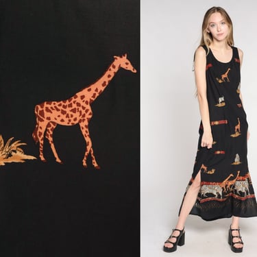 Bohemian Maxi Dress Y2K Black Zebra Giraffe Dress Safari Animal Print Dress Hippie Sundress Sleeveless Side Slit Vintage 00s Small S 