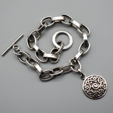 90's Mexico 925 silver mystic Celtic single charm bracelet, heavy sterling toggle clasp rocker cable chain 