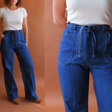 Vintage 70s Belted Wide Leg Denim/ 1970s High Waisted Jeans/ Size Small 