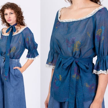 80s Blue Floral Puff Sleeve Peasant Blouse - Medium | Vintage Sheer Polka Dot Lace Trim Top 