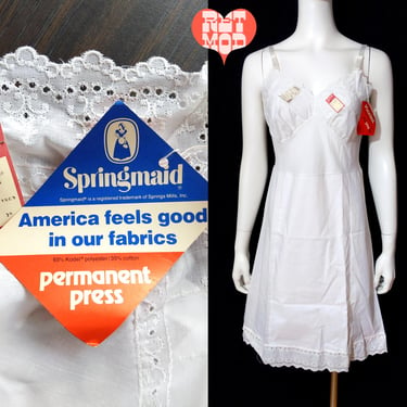 Deadstock Vintage 60s 70s White Cotton Embroidery Lace Trim Full Dress Slip 