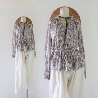 70s peplum top - m - vintage 60s 70s boho floral womens size medium long sleeve cute cottage hippie cottagecore blouse shirt 