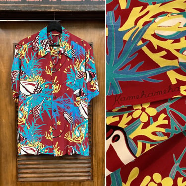 Vintage 1940’s Original “Kamehameha” Label Underwater Fish Rayon Hawaiian Shirt, Inside Signed Selvedge, 40’s Loop Collar, Vintage Clothing 