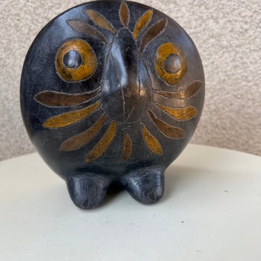 Vintage modern Mexican Owl Bird Figurine Black Clay Etched Painted yellow. Size 7” 