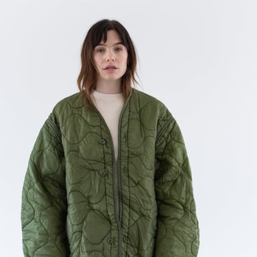 Vintage Green Liner Jacket | Unisex Wavy Quilted Nylon Coat | XL | LI269 