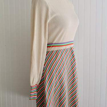 1970s 70s- Striped Double Knit Dress - Mock Neck - Bell Sleeve - Mid Century Mod - Retro 