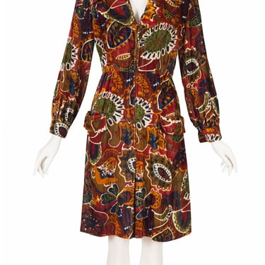 Bill Blass for Maurice Rentner 1960s Vintage Printed Velvet Pointed Collar Dress Sz XS 