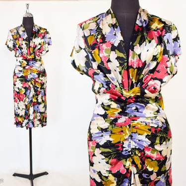 1990s Silk Floral Print Dress | 90s  Flowered Silk Dress | Luisa Beccaria | Size 42 