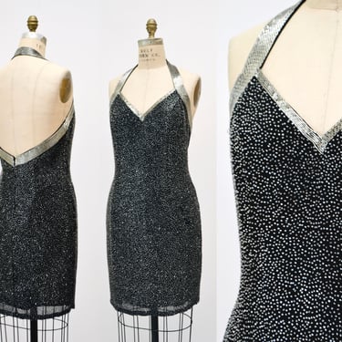 90s Vintage Black Silver Beaded Fringe Showgirl Dress Medium // 90s Black Silver Beaded Halter Dress Party Fringe Flapper Dress Nite line 