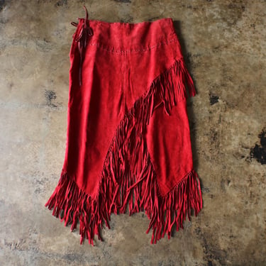 Red Leather Fringed Skirt / Suede Western Skirt / Women's XL 