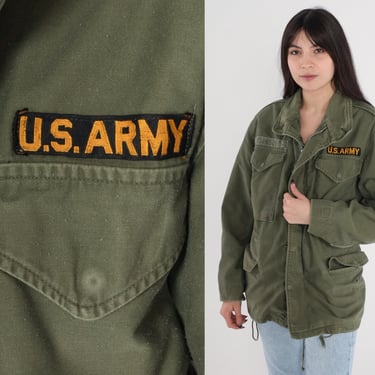 1960s Army Jacket 60s Green Military Coat Johnson Name Patch US Army Commando Cargo Field Jacket Zip Up Olive Drab Green Vintage Mens Small 