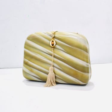 70s 80s Vintage Pearlized Lucite Evening Bag Clutch By Evelyns Tan Neutral Olive Pearl// Vintage Wedding Clutch Vintage Purse Hard Case 
